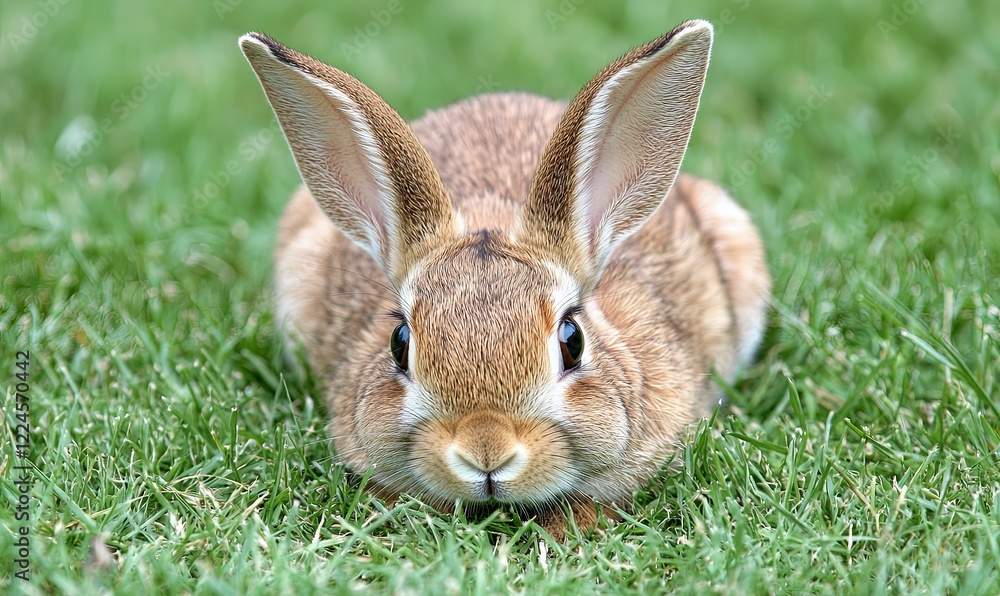 Obraz premium Brown bunny resting in green grass, looking forward, ideal for Easter or spring projects