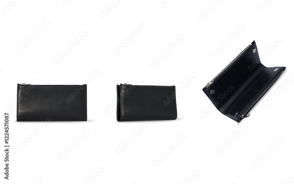 Set of women's classic black leather wallet collection, credit cards wallet mockup, leather wallet, transparent background, all side view Set of women's classic black leather wallet collection, credit cards wallet mockup, leather wallet, transparent background, all side view
