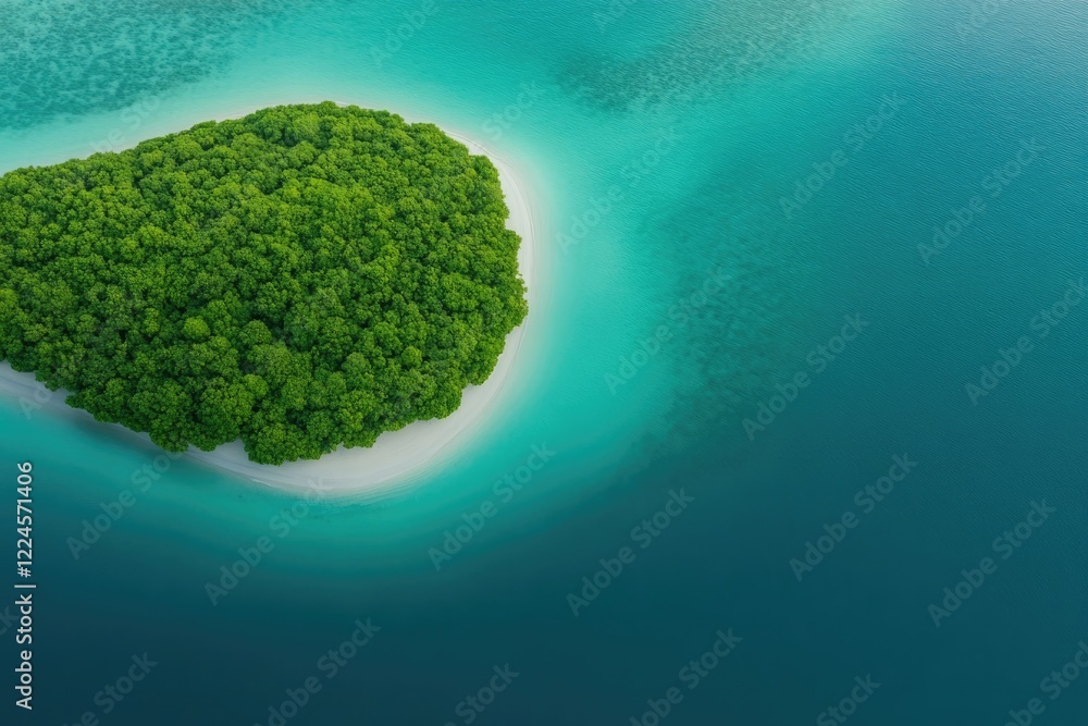 Lush green island surrounded by vibrant turquoise waters and pri Lush green island surrounded by vibrant turquoise waters and pri