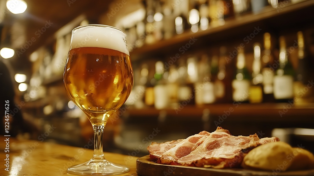 Close up a fresh beer in a glass and an serving of pork terrace of a Spanish bar Close up a fresh beer in a glass and an serving of pork terrace of a Spanish bar