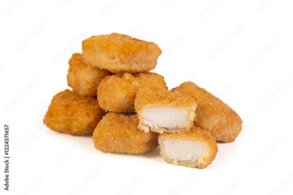 Fried chicken nuggets with crumbs isolated on white background Fried chicken nuggets with crumbs isolated on white background