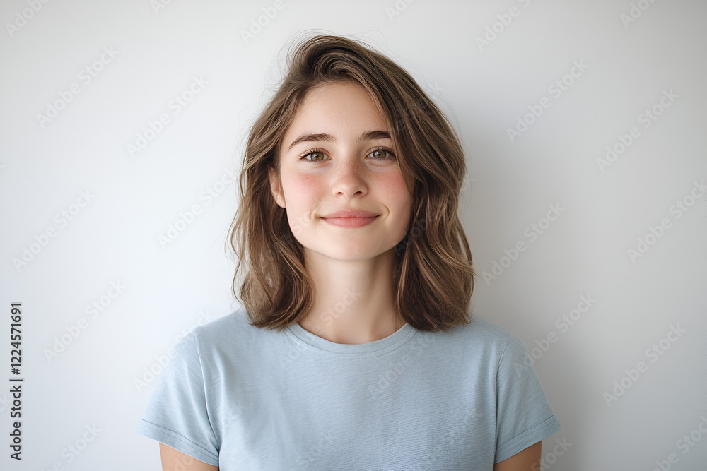 Serene Portrait: A young woman with shoulder-length brown hair and light freckles offers a gentle smile, exuding calmness and natural beauty. Her light blue t-shirt complements her complexion. Serene Portrait: A young woman with shoulder-length brown hair and light freckles offers a gentle smile, exuding calmness and natural beauty. Her light blue t-shirt complements her complexion.