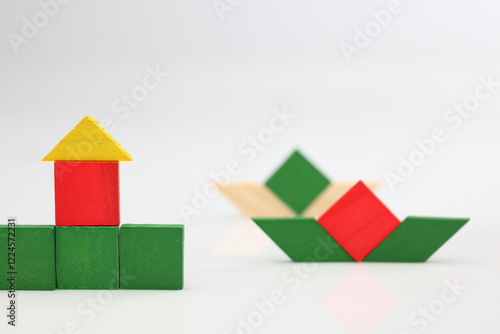 3d wooden toy house on white background
