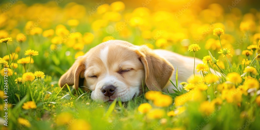 A sleeping puppy curled up among vibrant yellow wildflowers in a green meadow on a sunny day , sleep, meadow, sleep, meadow A sleeping puppy curled up among vibrant yellow wildflowers in a green meadow on a sunny day , sleep, meadow, sleep, meadow