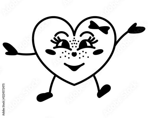 Cute female character in the shape of a heart. Romantic mascot with freckles, runs skipping and laughing. Smile on the face, decoration bow, eyelashes. Sketch. Vector illustration. Doodle style.