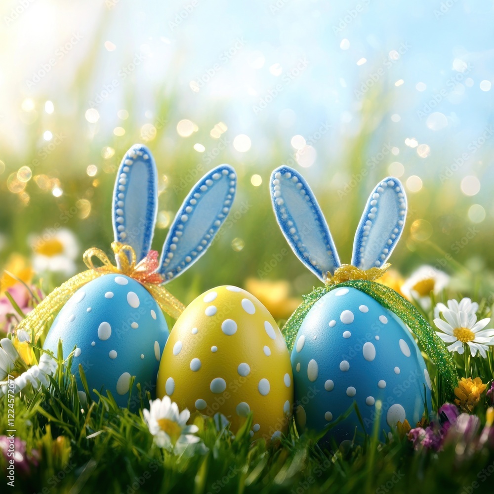 Easter eggs with bunny ears in spring meadow Easter eggs with bunny ears in spring meadow
