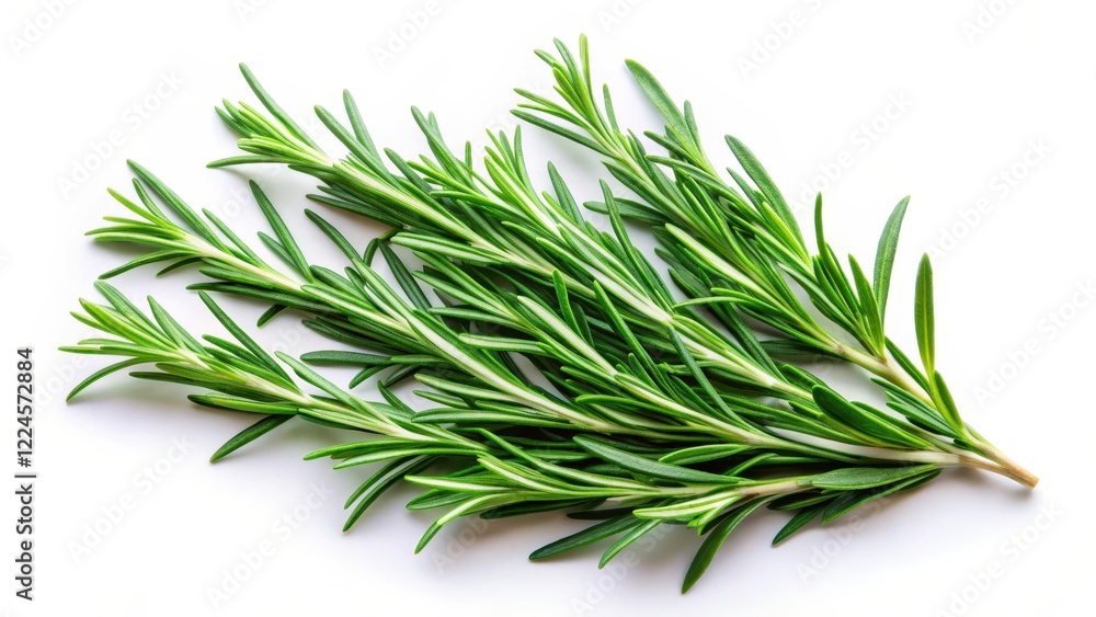 Fototapeta premium Fresh rosemary leaves arranged on a plain white background, showcasing their vibrant green color and delicate texture