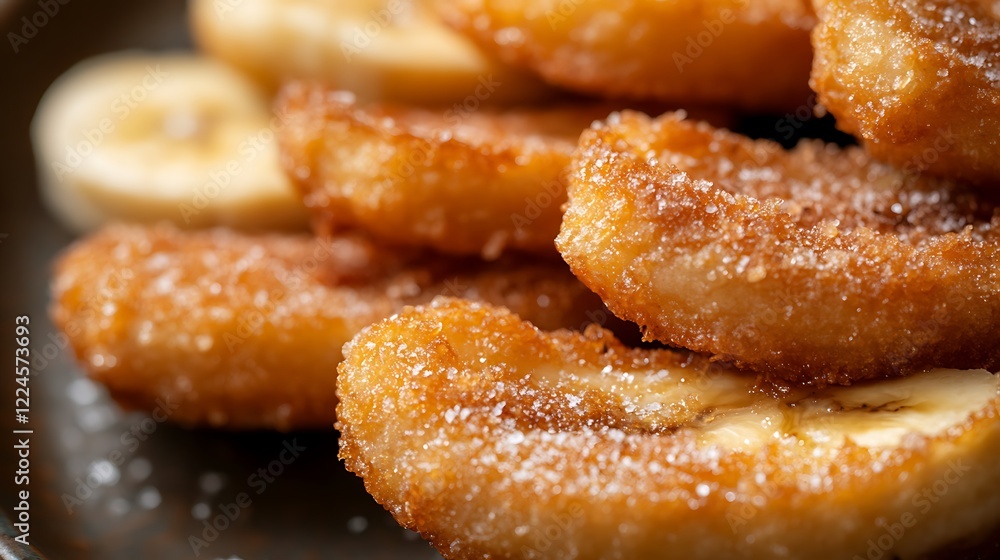 Close up of crispy deep fried banana with burry background Close up of crispy deep fried banana with burry background