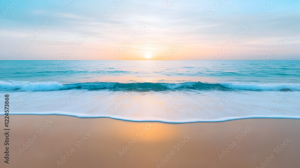 A high angle view of a pristine beach at dawn, with gentle waves and seagulls A high angle view of a pristine beach at dawn, with gentle waves and seagulls