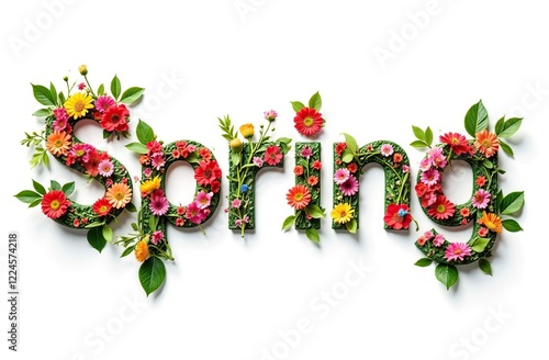 Colorful spring lettering created with flowers and green leaves on a white background -