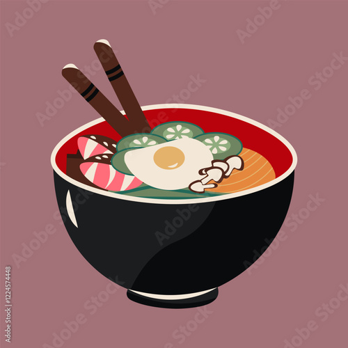 Flat-style illustration of a bowl of bibimbap, featuring rice, vegetables, fried egg, and chopsticks. Perfect for food-related designs, icons,  menus, or projects showcasing Korean cuisine.