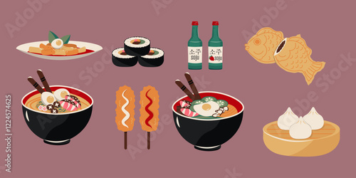 Flat-style illustration featuring a variety of Korean dishes, including tteokbokki, kimbap, soju bottles, punnopan, ramen, bibimbap, corndog, and steamed buns. Vector illustrations of asian food.