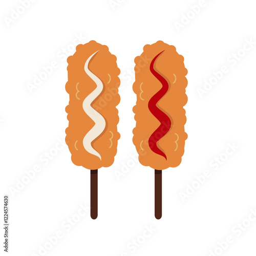 Flat-style illustration of crispy Korean corn dogs topped with mayonnaise and ketchup. Perfect for food projects, restaurant menus, icons or designs celebrating street food culture.