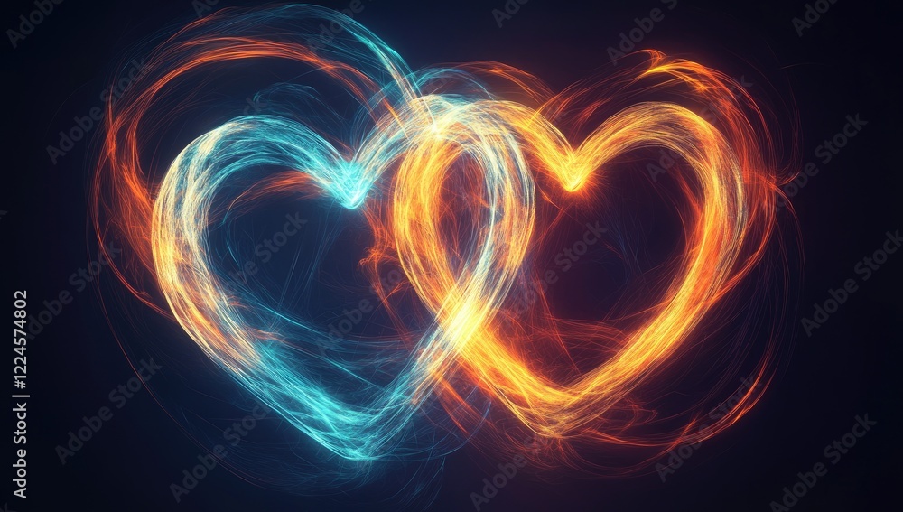 Heart-Shaped Fire with Two Fiery Neon Hearts Glowing Brightly on Black Background, Intertwined Love for Valentine's Day Heart-Shaped Fire with Two Fiery Neon Hearts Glowing Brightly on Black Background, Intertwined Love for Valentine's Day