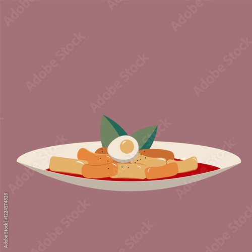 Flat-style illustration of Tteokbokki, a popular Korean street food made of spicy rice cakes with boiled egg and garnish. Ideal for culinary projects, menus, or food-related designs.