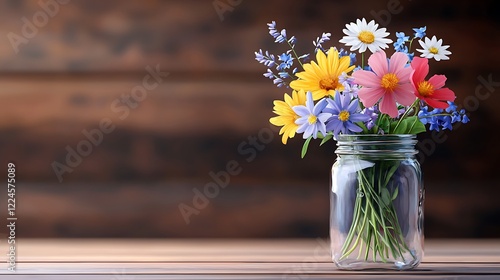 Vibrant Wildflower Bouquet In A Glass Jar On Rustic Wood photo