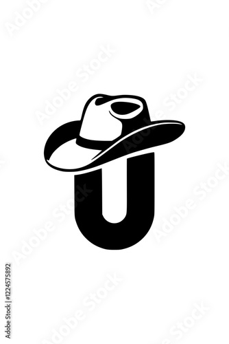 Letter U with Cowboy Hat Western Design, Black and white stylized illustration of the letter "U" wearing a cowboy hat, representing Western culture, country lifestyle, and rodeo themes.  
  
