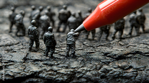 Miniature figures with a red pen in a textured landscape photo