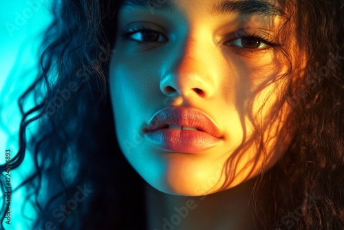 Commercial ad visual idea art. Gorgeous calm mixed-race girl - for ads, flyer and web marketing use. Long haircut - beach waves hair. African elegance hair. African beauty hair styles. photo