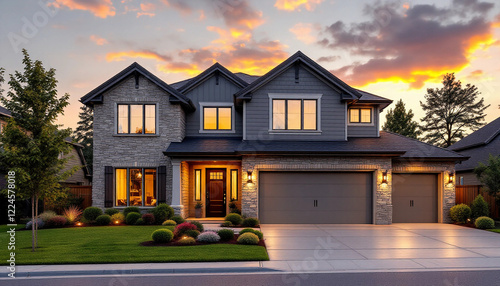 Elegant Suburban Home with Warm Lighting and Stone and Wood Exterior at Dusk