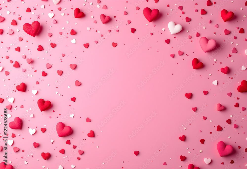 Valentines day card. Heart confetti falling over pink background for greeting cards, wedding invitation 3 Valentines day card. Heart confetti falling over pink background for greeting cards, wedding invitation 3