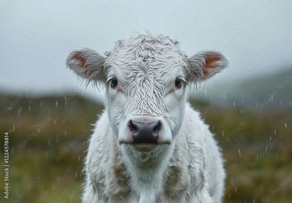 Obraz premium Close-Up of a Calf on a Rainy Day, Capturing the Innocence and Curiosity of a Young Cow in a Natural Setting with a Soft, Dreamy Background