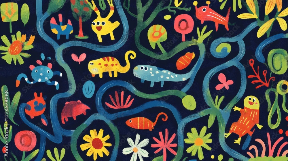 Colorful illustration of various animals and plants in a whimsical nature setting with flowing rivers Colorful illustration of various animals and plants in a whimsical nature setting with flowing rivers