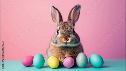 Wallpaper Mural video of A rabbit with Easter eggs peeking over a pastel bright background, ideal for advertisements, banners, or cards Torontodigital.ca