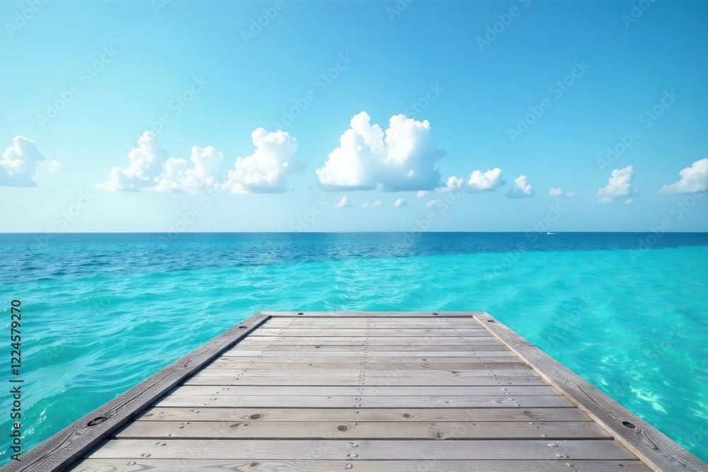 Gray weathered wood pier deck extends over calm blue sea, sunny sky , sky, view, pier Gray weathered wood pier deck extends over calm blue sea, sunny sky , sky, view, pier