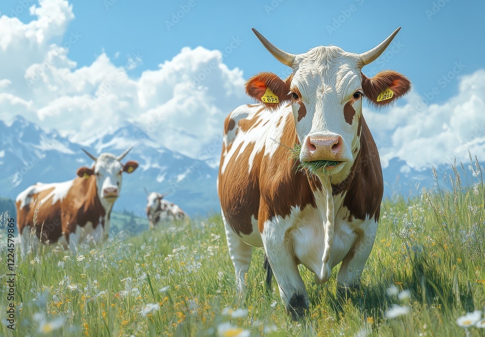 Close-up of a Curious Brown and White Cow Grazing in a Meadow Surrounded by Breathtaking Mountain Scenery on a Sunny Day with Fluffy Clouds Above Close-up of a Curious Brown and White Cow Grazing in a Meadow Surrounded by Breathtaking Mountain Scenery on a Sunny Day with Fluffy Clouds Above