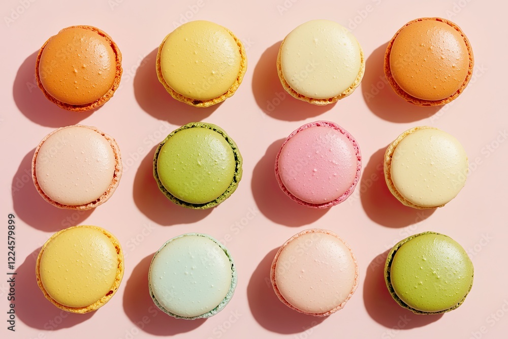 Colorful macarons arranged in neat grid, showcasing vibrant past Colorful macarons arranged in neat grid, showcasing vibrant past