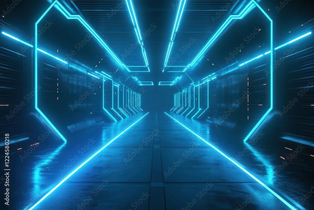 neon blue circuit pathways on black surface, futuristic 3d render with glowing elements, cyberpunk aesthetic with geometric patterns