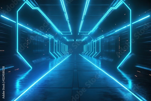 Obraz na płótnie neon blue circuit pathways on black surface, futuristic 3d render with glowing elements, cyberpunk aesthetic with geometric patterns w salonie