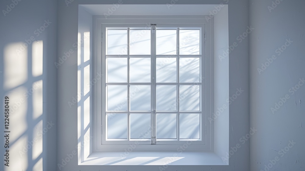 Sunlight Streams Through a Classic White Window, Illuminating the Room with a Warm Glow. Sunlight Streams Through a Classic White Window, Illuminating the Room with a Warm Glow.