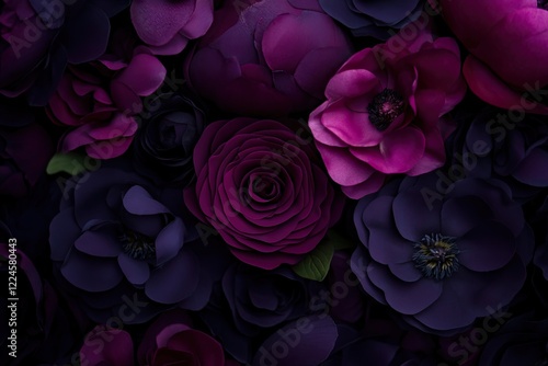 Dark floral arrangement showcases rich purple and pink hues, cre photo