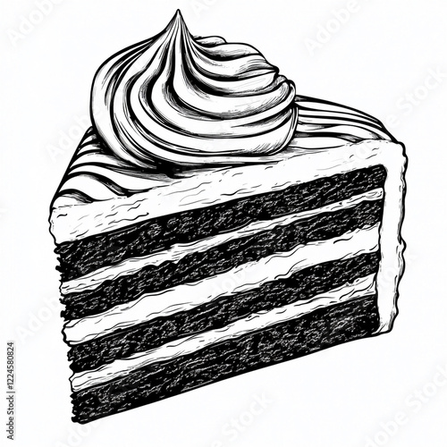 Delicious three-layered chocolate cake slice with whipped cream. photo