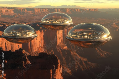 orbital habitat rings floating above red desert canyons, with sleek spacecraft and transparent dome cities reflecting the alien sunset photo