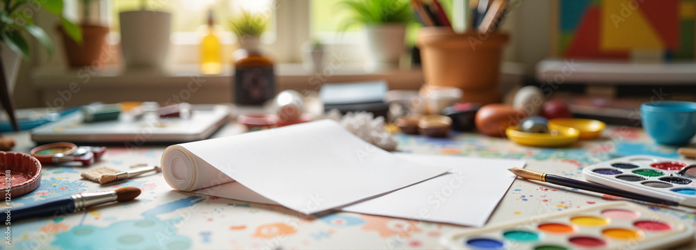 Art supplies on a colorful desk with blank paper Art supplies on a colorful desk with blank paper