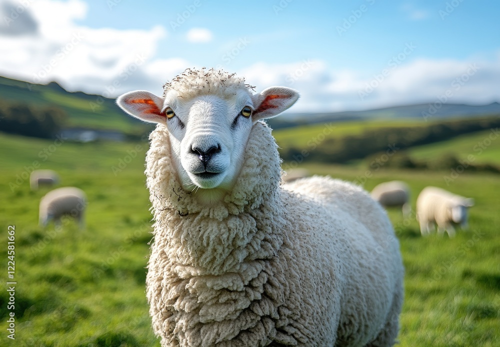Close-Up of a Curious Sheep in a Green Pasture Under a Bright Blue Sky, Surrounded by Other Sheep Grazing in the Background Close-Up of a Curious Sheep in a Green Pasture Under a Bright Blue Sky, Surrounded by Other Sheep Grazing in the Background