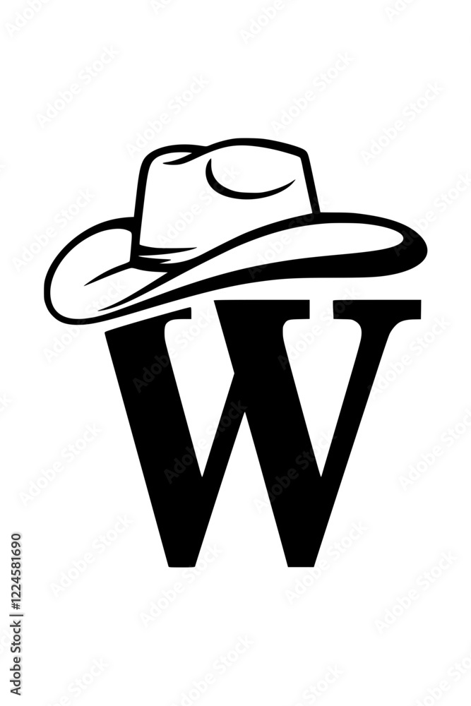 Letter W with Cowboy Hat Western Style, Black and white stylized illustration of the letter Letter W with Cowboy Hat Western Style, Black and white stylized illustration of the letter