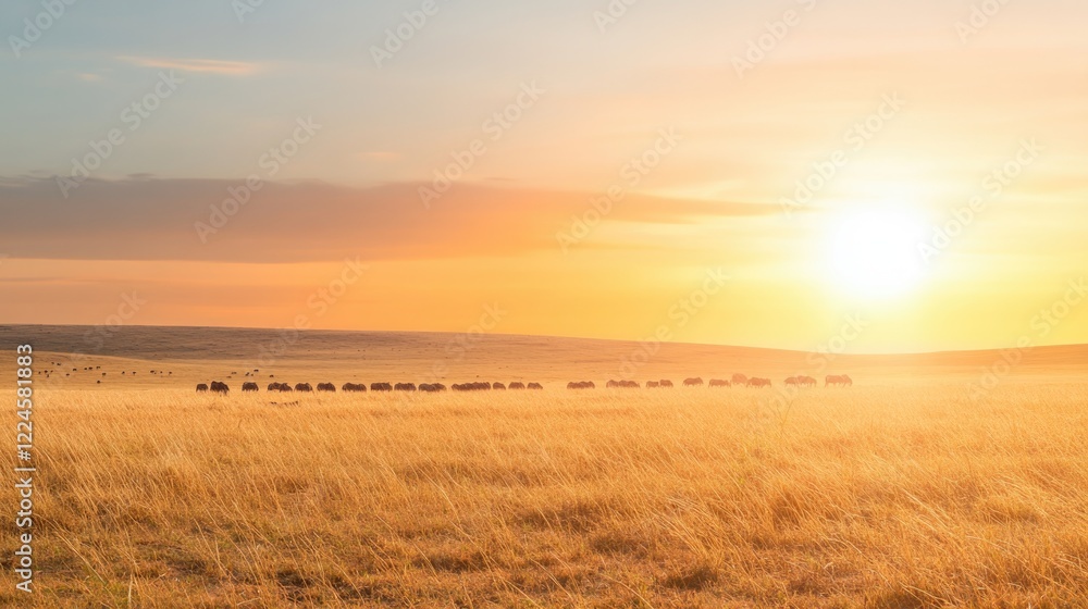 Fototapeta premium Golden sunrise illuminates vast grassland, highlighting silhouet