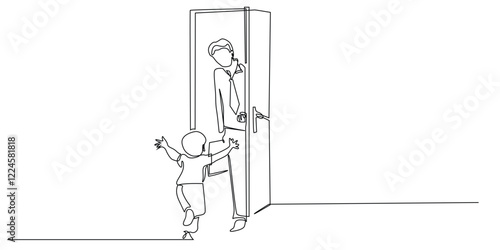 continuous line of child welcoming father home from work.one line drawing portrait of child running towards the door when father comes home from work.single line vector illustration.