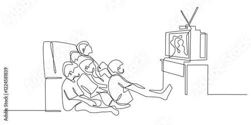 continuous line of children watching television broadcast together.one line drawing of holidays and watching television together.single line vector illustration.isolated white background