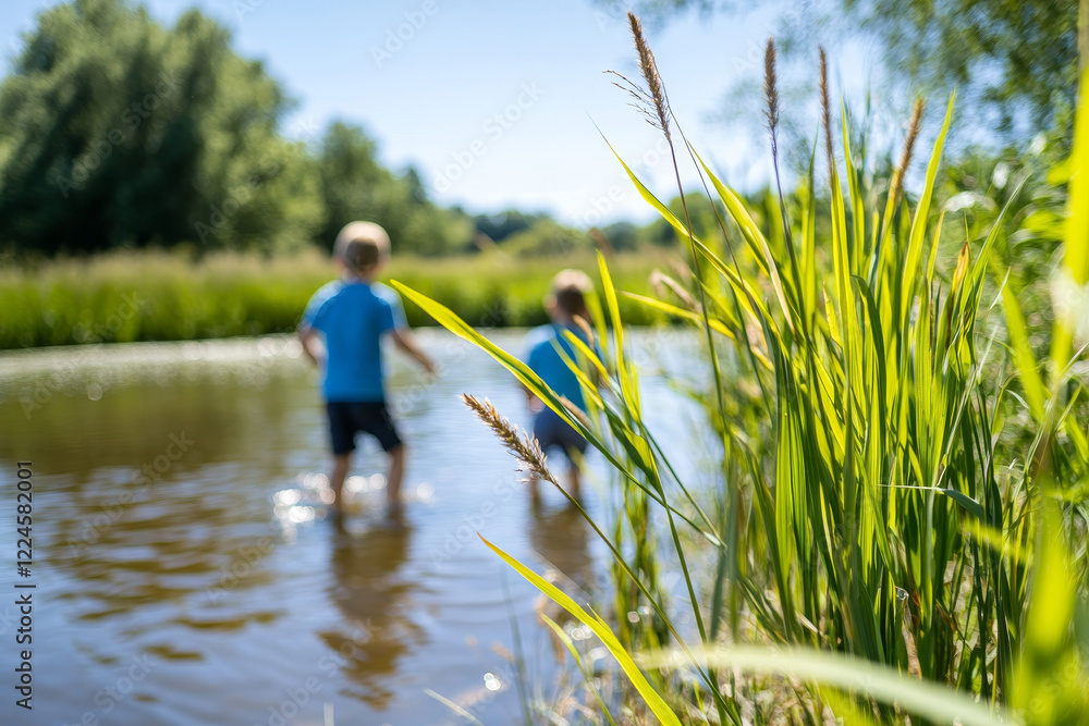 Children play in the pond in sunny weather.
