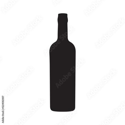 alcohol bottle. Black silhouette of a vessel for various types of drinks. Wine, beer, rum, whiskey, liquor, cognac. Black illustration on white background.