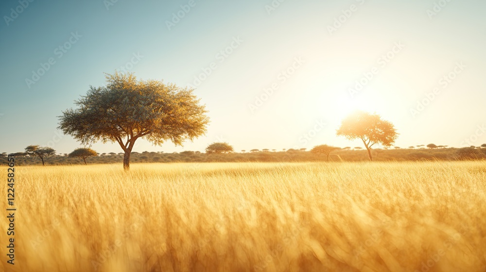 Sunlight bathes golden fields, creating serene landscape with so Sunlight bathes golden fields, creating serene landscape with so