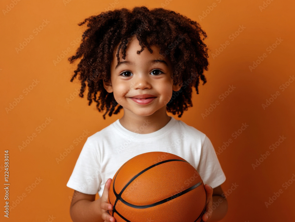Young child with curly hair smiles while holding a basketball against an orange background