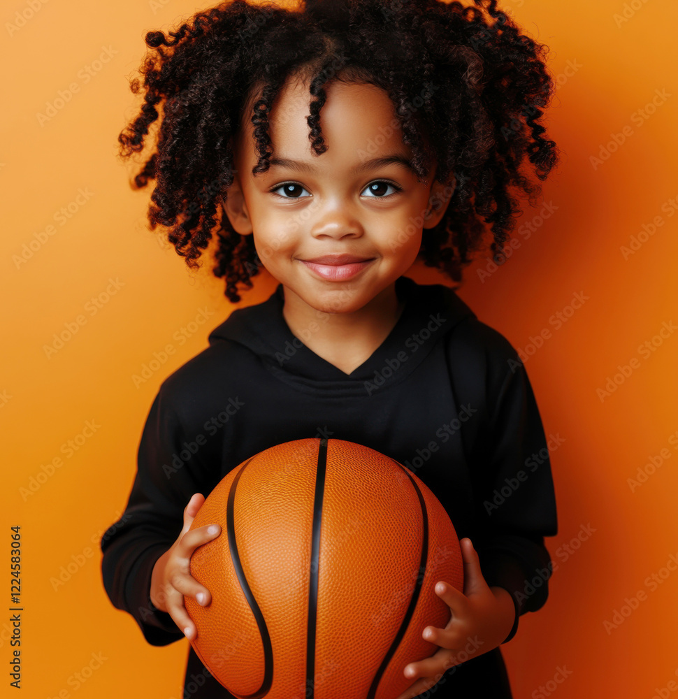 Young child smiles while holding a basketball against a vibrant orange background in a playful setting Young child smiles while holding a basketball against a vibrant orange background in a playful setting