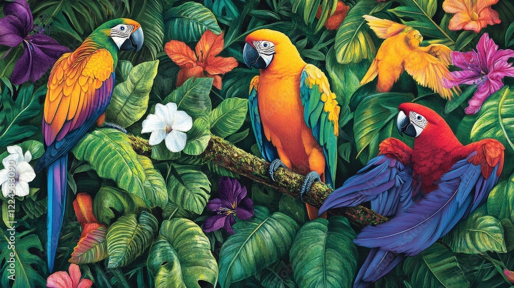 Fototapeta premium Vibrant Tropical Scene Featuring Colorful Parrots Amidst Lush Greenery and Exotic Flowers