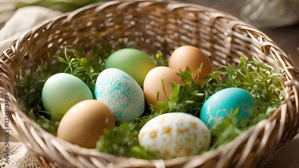 Easter eggs in a wicker basket with green grass in 4K. Easter eggs in a wicker basket with green grass in 4K.